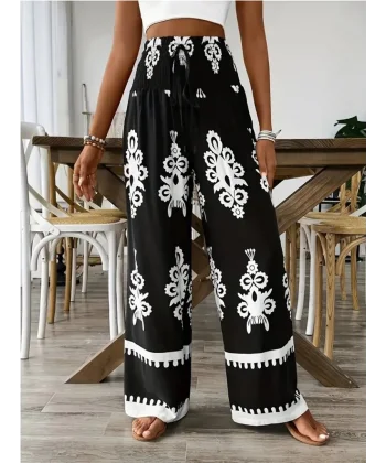 Kadın Yüksek Bel Büzgülü Etnik Desen Baskılı Süprem Pantolon