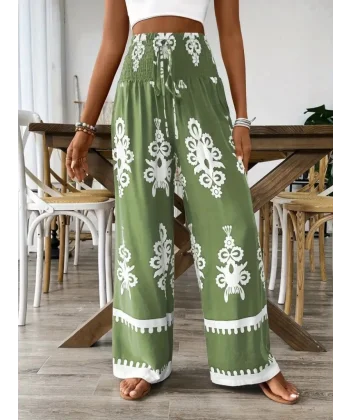 Kadın Yüksek Bel Büzgülü Etnik Desen Baskılı Süprem Pantolon