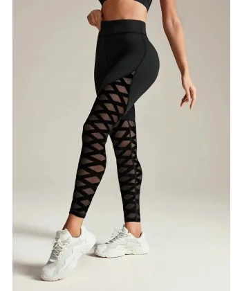 Kadın Yüksek Bel çapraz Desen Tül Detaylı Spor Dalgıç Tayt