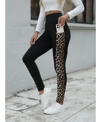 Kadın Yüksek Bel Cep Detaylı Leopar Desenli Dalgıç Tayt