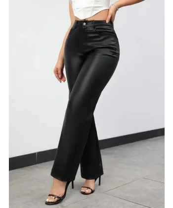 Kadın Yüksek Bel Cepli Deri Pantolon
