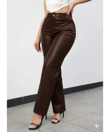 Kadın Yüksek Bel Cepli Deri Pantolon