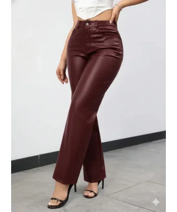 Kadın Yüksek Bel Cepli Deri Pantolon