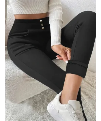 Kadın Yüksek Bel Cepli Düğmeli şardonlu Dalgıç Tayt Pantolon