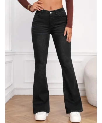 Kadın Yüksek Bel Cepli İspanyol Paçalı Kot Jeans Pantolon