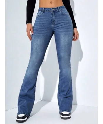 Kadın Yüksek Bel Cepli İspanyol Paçalı Kot Jeans Pantolon