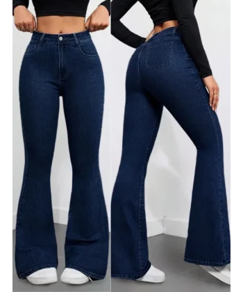 Kadın Yüksek Bel Cepli İspanyol Paçalı Kot Pantolon