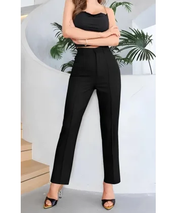 Kadın Yüksek Bel Cepli önden çimalı Dokuma çanta Pantolon