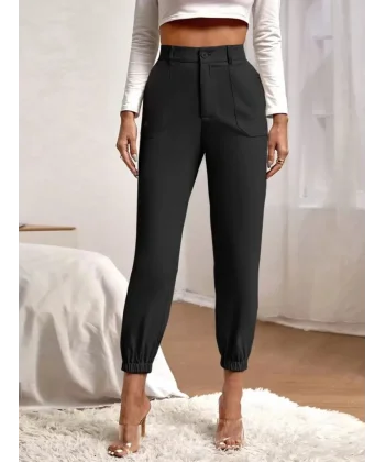Kadın Yüksek Bel Cepli Paçası Lastikli Ithal Krep Pantolon