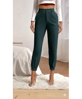 Kadın Yüksek Bel Cepli Paçası Lastikli Ithal Krep Pantolon