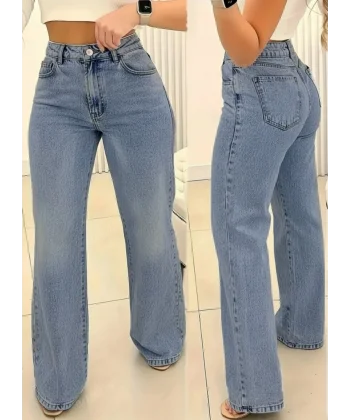 Kadın Yüksek Bel Cepli Paçaya Doğru Geniş Kot Pantolon