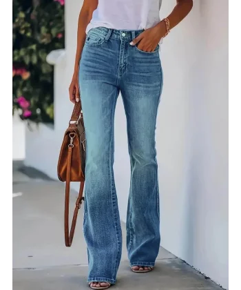 Kadın Yüksek Bel Cepli Paçaya Doğru Ispanyol Kot Pantolon