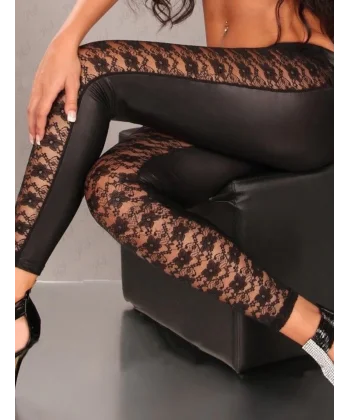 Kadın Yüksek Bel Dantel Detaylı Deri Tayt