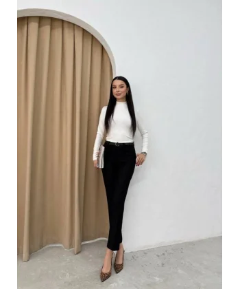 Kadın Yüksek Bel Dar Paça Kemer Dahil Kumaş Pantolon