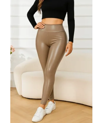 Kadın Yüksek Bel Deri Tayt