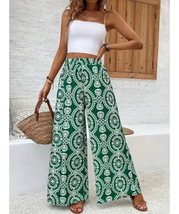 Kadın Yüksek Bel Desenli Geniş Paçalı Süprem Pantolon