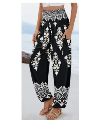 Kadın Yüksek Bel Desenli Lastikli Süprem Pantolon