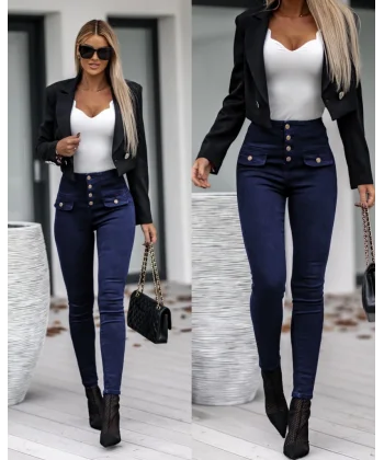 Kadın Yüksek Bel Düğmeli Cep Detay Kot Pantolon