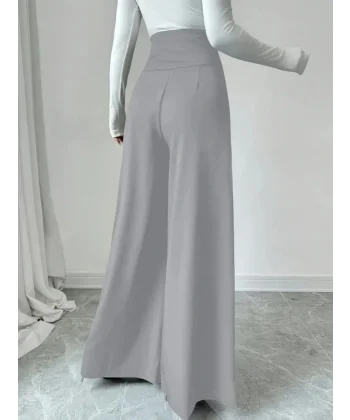 Kadın Yüksek Bel Düğmeli Geniş Paçalı Ithal Krep Pantolon