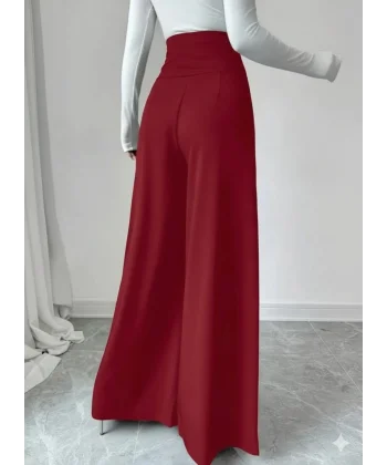 Kadın Yüksek Bel Düğmeli Geniş Paçalı Ithal Krep Pantolon