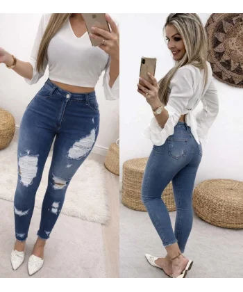 Kadın Yüksek Bel Düğmeli Yırtık Kot Pantolon