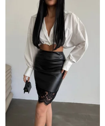 Kadın Yüksek Bel Etek Ucu Dantel Güpür Detay ini Deri Etek