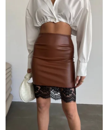 Kadın Yüksek Bel Etek Ucu Dantel Güpür Detay ini Deri Etek