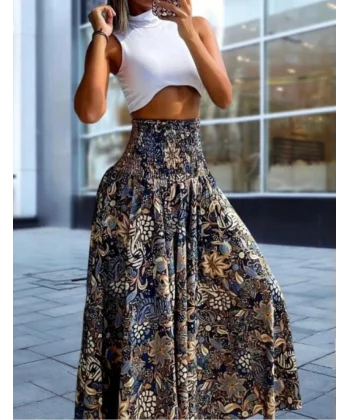 Kadın Yüksek Bel Etnik Desen Baskılı Gipe Detay Pantolon Etek