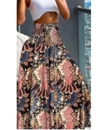 Kadın Yüksek Bel Etnik Desen Baskılı Gipe Detay Pantolon Etek