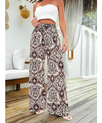 Kadın Yüksek Bel Etnik Desen Dokuma Viskon Salaş Pantolon