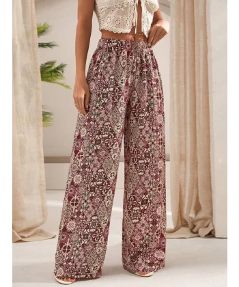 Kadın Yüksek Bel Etnik Desen Dokuma Viskon Salaş Pantolon