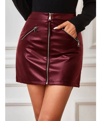 Kadın Yüksek Bel Fermuarlı Mini Deri Etek