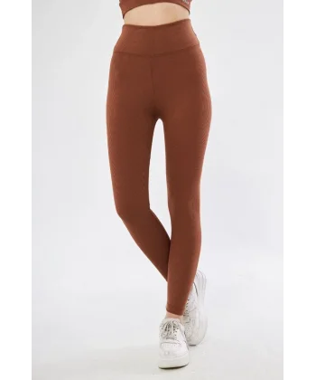 Kadın Yüksek Bel Fitilli Battal Tayt - Kahve