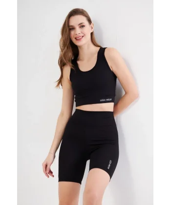 Kadın Yüksek Bel Fitilli Croplu Biker Şortlu Takım - Siyah