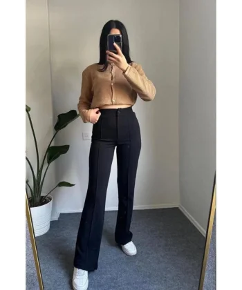 Kadın Yüksek Bel Full ikralı Krep Kumaş Pantolon