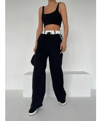 Kadın Yüksek Bel Garnili Bol Paça Pantolon