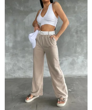 Kadın Yüksek Bel Garnili Bol Paça Pantolon