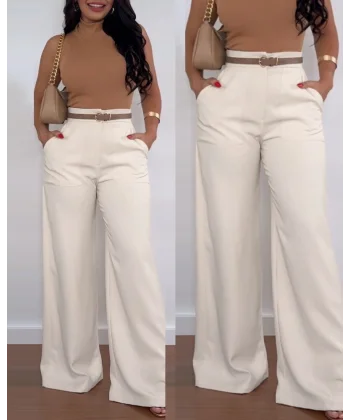 Kadın Yüksek Bel Geniş Paça Detaylı Cepli Ithal Krep Pantolon