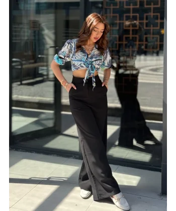 Kadın Yüksek Bel Geniş Paça Detaylı Cepli Ithal Krep Pantolon