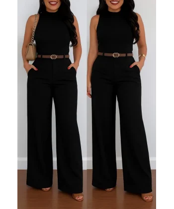 Kadın Yüksek Bel Geniş Paça Detaylı Cepli Ithal Krep Pantolon