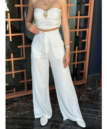 Kadın Yüksek Bel Geniş Paça Detaylı Cepli Ithal Krep Pantolon