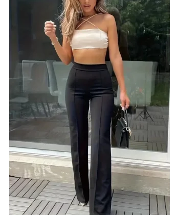 Kadın Yüksek Bel Geniş Paçalı Ithal Krep Pantolon