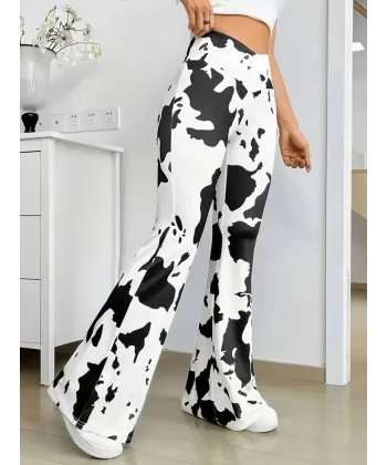 Kadın Yüksek Bel Geniş V Kesim Inek Desen Detaylı Dalgıç Tayt