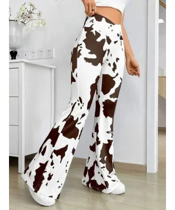 Kadın Yüksek Bel Geniş V Kesim Inek Desen Detaylı Dalgıç Tayt