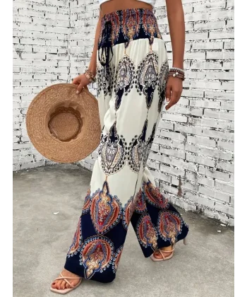 Kadın Yüksek Bel Gipeli Belinden Bağcıklı Baskılı Keten Pantolon