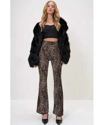 Kadın Yüksek Bel Ispanyol Paça Krep Kumaş eopar Pantolon