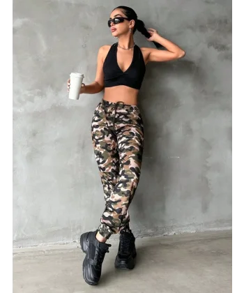 Kadın Yüksek Bel Kamuflaj Baskılı Bileği Lastik Detay İki İplik Pantolon