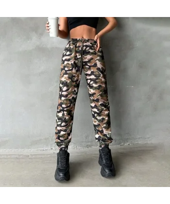 Kadın Yüksek Bel Kamuflaj Baskılı Bileği Lastik Detay İki İplik Pantolon