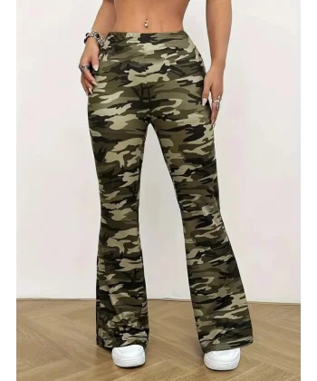 Kadın Yüksek Bel Kamuflaj Desenli Dalgıç Tayt