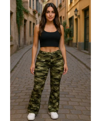 Kadın Yüksek Bel Kamuflaj Desenli Dalgıç Tayt